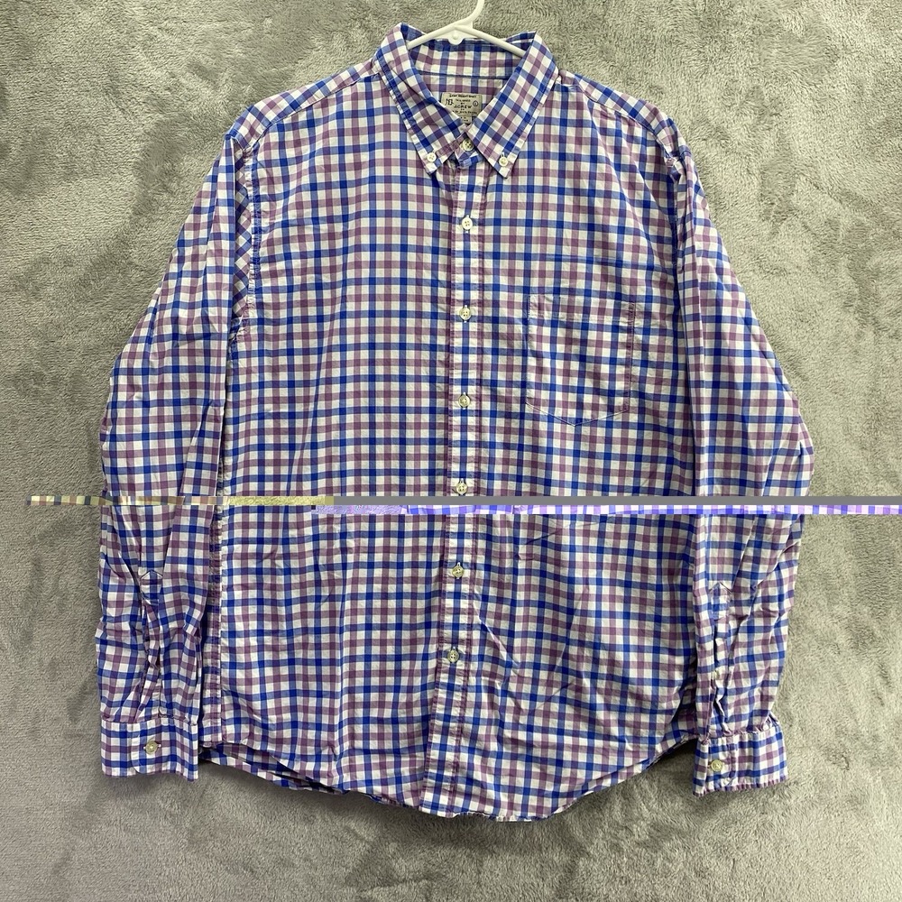 J Crew Shirt Mens Large Blue Purple Plaid Gingham Light Weight Button Career EUC